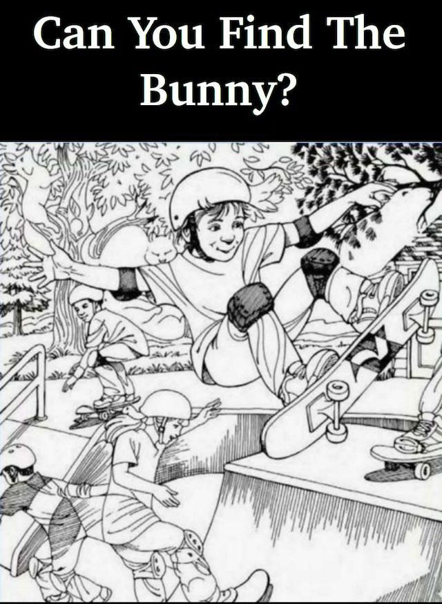 Can you spot the hidden bunny in this fun outdoor scene filled with playful skateboarders? Only the sharpest eyes will catch it!