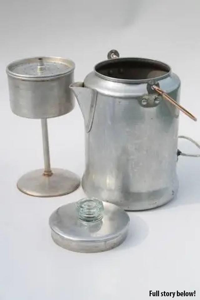 This vintage aluminum coffee maker once brewed the perfect cup over campfires and stoves alike
